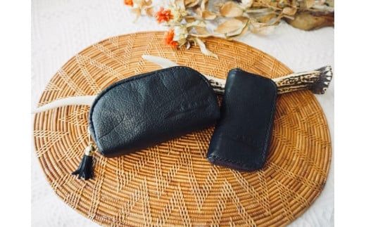 大槌ジビエレザーのキーケース＆ポーチ（黒・濃茶・グリーン）【0tsuchi00674】