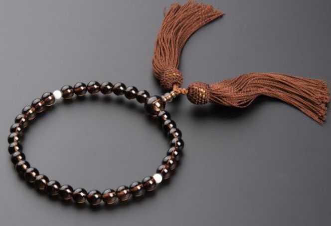 【天然宝石珊瑚】白珊瑚丸玉と茶水晶の片手数珠　kn030