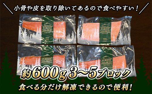 121-1920-477　【定期便 6ヶ月連続】フォレストサーモン 約600g （3～5ブロック） 天然 鮭 100%使用 無添加 フィレ 切り身 冷凍 刺身 お刺身 刺し身 国産 無添加 魚 鮭 サケ シャケ しゃけ 時鮭 トキシラズ ときしらず 時知らず 贈答 高級 人気 美味しい 北海道 海鮮 魚介類 サーモン 生食用 釧路町 釧之助本店