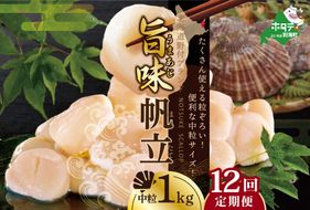 【毎月12ヶ月定期便】★NB北海道 野付産 漁協直送 冷凍ホタテ 貝柱 中粒（3Sサイズ）ホタテ1ｋｇ【NKM12NBT1】