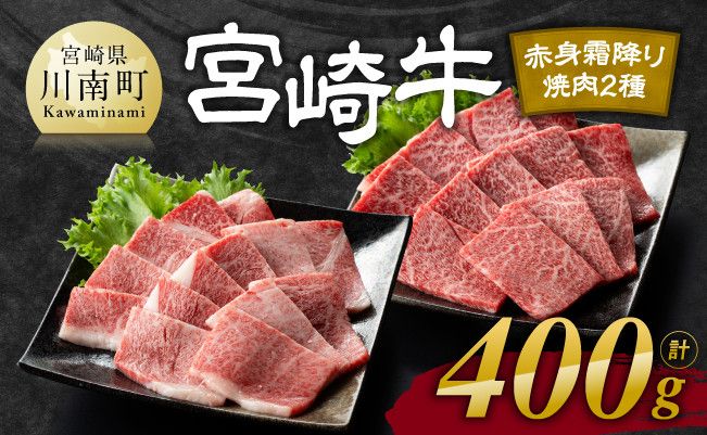 宮崎牛 赤身 霜降り 焼肉 2種 400g[肉 牛肉 国産 宮崎県産 黒毛和牛 和牛 焼肉 やきにく BBQ 4等級 A4ランク うで 肩ロース ロース E11105]