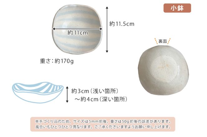 BU014　【数量限定】益子焼 淡水色ボーダーゆるやか鉢2枚と小鉢2枚　計４枚セット