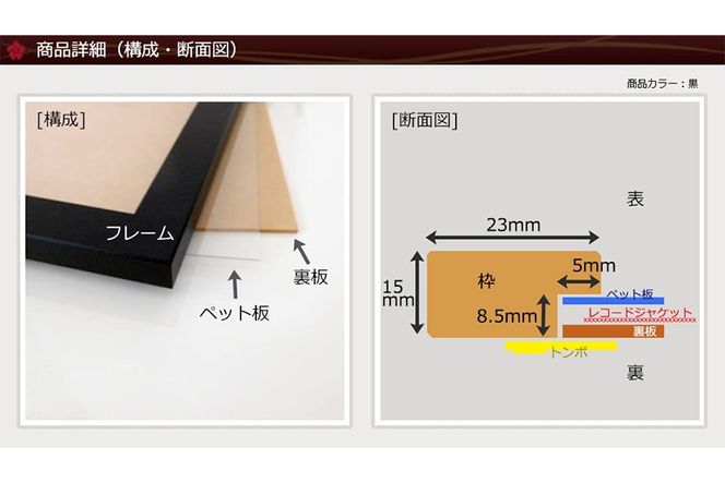 レコードジャケット額 黒 LP盤用 UVカットペット板仕様 [No.704]