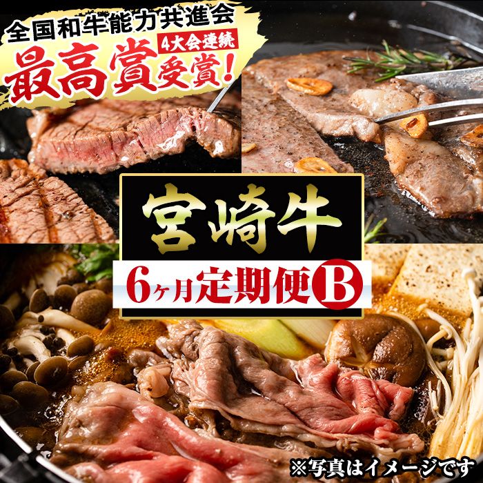 [定期便・全6回(連続)]宮崎牛定期便[Bセット]お楽しみ 牛肉 国産 定期 ヒレ肉 ひれにく モモ ウデ ロース バラ スライス 宮崎県産 黒毛和牛 小間切れ 焼肉 ステーキ しゃぶしゃぶ すき焼き[R-68][株式会社ミヤチク]