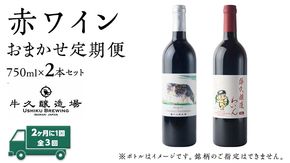 【 3ヶ月隔月 】 赤ワイン おまかせ 定期便 2本セット 飲み比べ 茨城県産 牛久醸造場 厳選 750ml × 2本 お酒 ワイン ワイン好き 初心者 上級者 贈り物 ギフト 詰め合わせ [BJ040us]