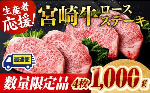 《数量限定》宮崎牛ロースステーキ4枚 (1000g) 肉 牛肉 宮崎県産 黒毛和牛 [D0604]