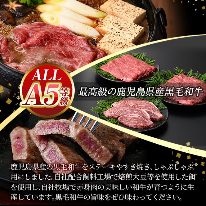 a839 ≪ALL！A5等級≫鹿児島県産黒毛和牛赤身ステーキ(120g×2枚)・モモすき焼き(300g)・モモしゃぶしゃぶ(300g)の詰め合わせセット！【水迫畜産】姶良市 国産 牛肉 和牛 すき焼き肉 すき焼き用牛肉 ステーキ肉