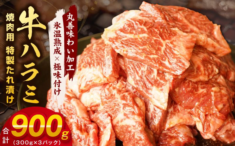 mrz0026 牛肉 ハラミ 900g 小分け 300g×3P[氷温熟成×特製ダレ 味付き 牛肉 訳あり 不揃い 焼肉 BBQ 野菜炒め]