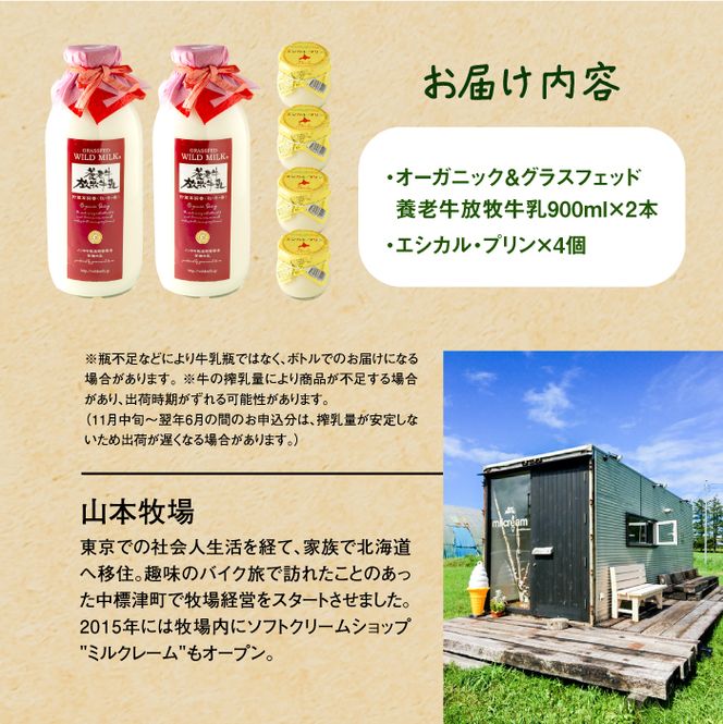 オーガニック＆グラスフェッド養老牛放牧牛乳900ml×2本とエシカル・プリン×4個セット【13012】