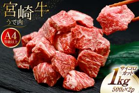 肉 牛肉 宮崎牛うで肉 サイコロカット 500g×2 計1kg [牛心フードサービス 宮崎県 美郷町 31bm0059] 冷凍 小分け ウデ ウデ肉 うで うで肉ブランド牛 宮崎牛 さいころ サイコロ