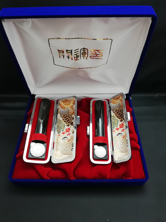 E448染め無し天然黒水牛印鑑　２本セット女性向け(15.0mm×60.0mm・12.0mm×60.0mm)牛モミケース・別珍ケース付き