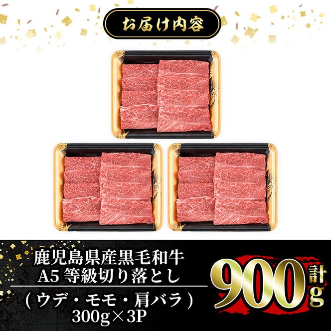 a856 ≪A5等級≫鹿児島県産黒毛和牛切り落とし計900g(300g×3P)【水迫畜産】姶良市 国産 牛肉 切り落とし