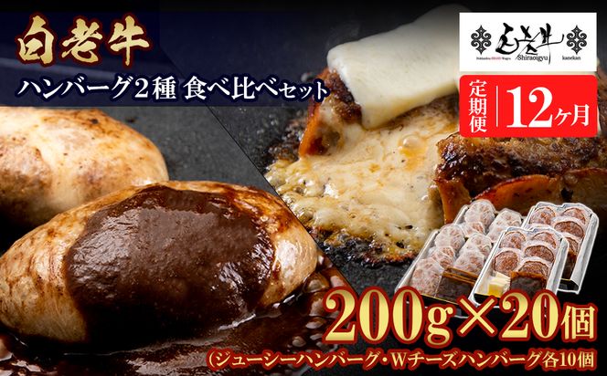 定期便12カ月 お楽しみ 白老牛 2種 食べ比べ ハンバーグ セット 合計20個 モッツァレラ ベーコン 網脂 特製ソース 手造り BY111