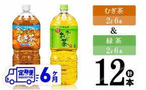 【6ヶ月定期便】伊藤園 むぎ茶（2L）＆緑茶（2L）(PET）12本 【 飲料類 お茶 麦茶 緑茶 PET セット 詰め合わせ 飲みもの 全6回 】 [D07368t6]