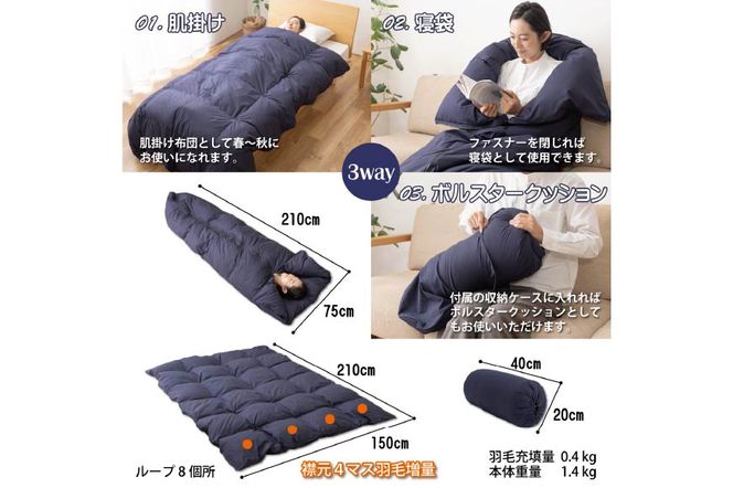 【寝袋 にもなる 3way!】 洗える 羽毛布団 掛け布団 シングル アウトドア ダック93％ ネイビー 寝袋 羽毛 布団 ふとん 車中泊 キャンプ 防災 ダウンシュラフ ボルスタークッション 肌掛け 抗菌 防臭 防汚 [川村羽毛 山梨県 韮崎市 20743476]