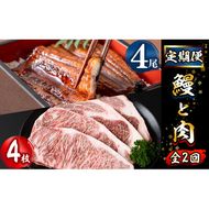 【定期便全2回】鰻と肉の定期便！ステーキ4枚と鰻蒲焼4尾をお届け！ t0054-004