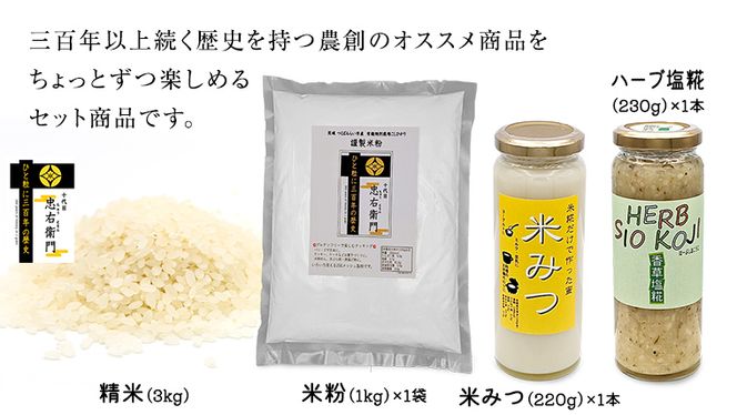 三百年以上続く歴史のある 農創 オススメ ちょこっとずつ お試し 4種 セット 米粉 米 精米 こめ 米みつ 塩糀 こうじ 糀 調味料  [AC93-NT]