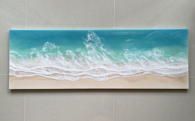 レジンアート【波のキャンバス】エメラルドグリーン　ワイドパネル（W120×H40）