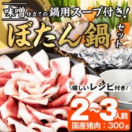 ぼたん鍋セット (2-3人前・天然猪肉300g+特製味噌味猪骨スープ500cc) 猪 猪肉 お肉 鍋 ジビエ ジビエ料理 味噌鍋 冷凍 大分県 佐伯市  【FJ06】【由紀ノ屋 (株)】