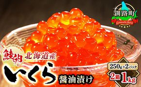 いくら醤油漬け 1kg（250g ×2パック ×2箱） 小分け　| 国産 北海道産 いくら いくら醤油漬 イクラ ikura 天然 鮭 サーモン 鮭卵 鮭いくら 北海道 昆布のまち 釧路町 笹谷商店 直営 釧之助本店 人気の 訳あり！ ご飯 米 無洗米 にも最適 年内配送 年内発送 北海道 釧路町 釧路超 特産品　121-1920-432-116