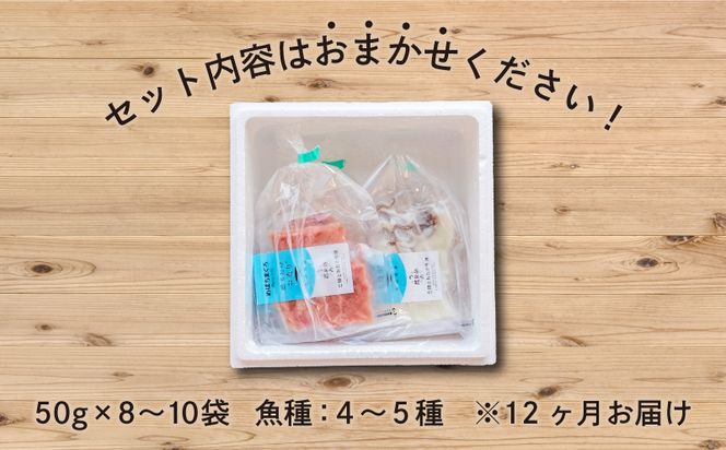 【1月発送】12ヶ月 定期便 三陸地魚 盛るだけお造り おさしみ便 50g×8〜10袋 海鮮 魚貝類 魚介類 刺身 刺し身 旬の刺身 小分け 手軽 簡単 冷凍 三陸産 岩手県 大船渡市