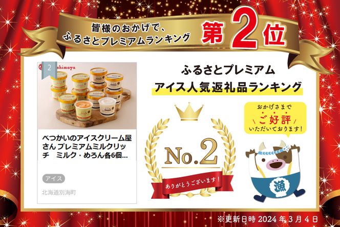 ランキング第2位獲得！ べつかいのアイスクリーム屋さん プレミアムミルクリッチ　ミルク・めろん各6個　12個入【高島屋選定品】TK0000057