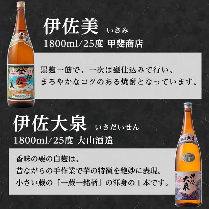 D1-06 伊佐のこだわり!! 一蔵一銘柄 焼酎セット！伊佐美、伊佐大泉(1.8L各3本・計6本) 焼酎のふるさと「伊佐」の名酒蔵が誇る2銘柄【平酒店】