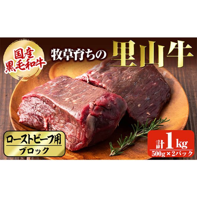 国産黒毛和牛 牧草育ちの里山牛 ローストビーフ用ブロック肉計1kg(500g×2パック) c5-027