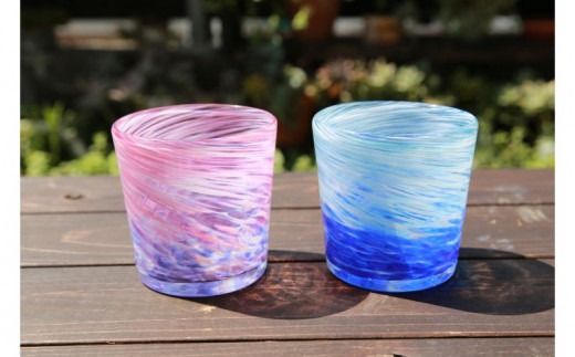 【伝統工芸】ガラス工房雫　深海ロックグラス　青・ピンク／2個セット