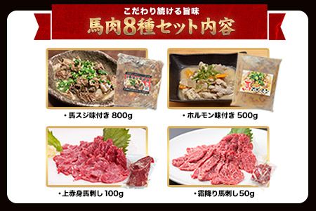 純国産馬肉8種セット 計2200g 《30日以内に出荷予定(土日祝除く)》 熊本肥育 2年連続農林水産大臣賞受賞 送料無料 馬刺し 馬肉 馬スジ ホルモン 燻製 霜降り ハンバーグ 南阿蘇村---mna_fba8syu_30d_r7_25000_2200g---