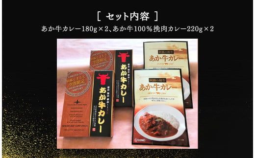 あか牛カレー 詰め合わせセット（あか牛カレー180g×2、あか牛100％挽肉カレー220g×2） カレー ビーフカレー レトルト 和牛 あか牛 食べ比べ 詰め合わせ セット 計4食 計800g