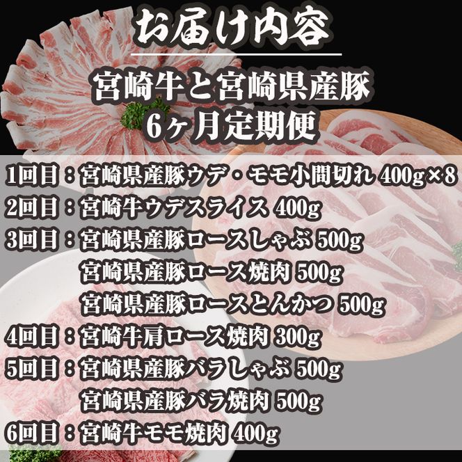 ＜定期便・全6回(連続)＞宮崎牛と県産豚の定期便(総量6.8kg)  牛肉 豚肉 もも 肉 肩ロース ウデ しゃぶしゃぶ 焼肉 豚バラ BBQ 精肉 小間切れ 豚小間 豚こま お取り寄せ 黒毛和牛 ブランド和牛 冷凍 国産【R-81】