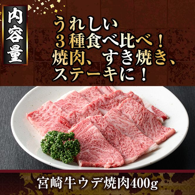 宮崎牛3種食べ比べ(合計1.1kg) 牛肉 もも 肉  焼肉 肩ロース ウデ スライス しゃぶしゃぶ すき焼き BBQ サイコロ ステーキ 精肉 お取り寄せ 黒毛和牛 ブランド和牛 冷凍 国産【R-85】【ミヤチク】