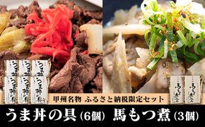 甲州名物！牛より馬い「うま丼の具」6個＆「馬もつ煮」3個ふるさと納税限定セット　馬肉 桜肉 国産 ご当地グルメ 郷土料理