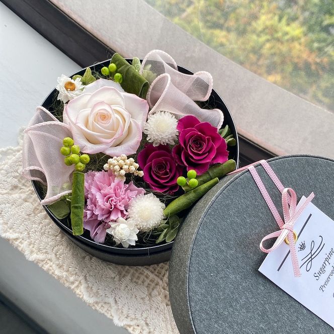 AJ075-1 プリザーブドフラワーアレンジ【レガロ/ボルドー】春日部市 シュガーパイン