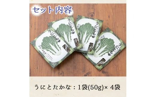 ＜鹿児島県産うに使用＞ご飯のお供「うにとも」うにとたかな(50g×4袋)国産 ウニ 雲丹 高菜 おかず 惣菜 常温【尾塚水産】akn004-07