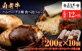 定期便12カ月 お楽しみ 白老牛 2種 食べ比べ ハンバーグ セット 合計10個 モッツァレラ ベーコン 網脂 特製ソース 手造り BY108