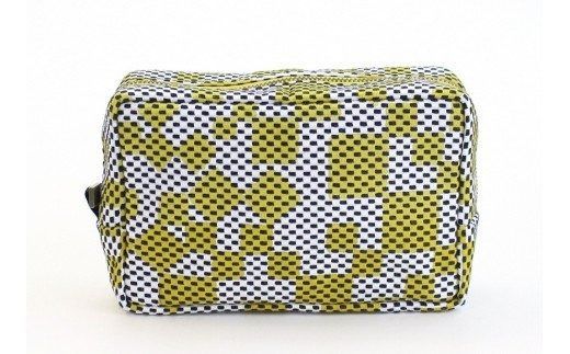 【T02066】刺子織　横型ＢＯＸポーチ　市松ミックス　マスタード