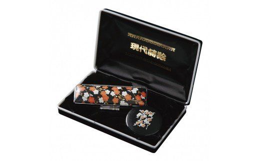 黒水牛花柄現代蒔絵印鑑セット15ミリ　W-12