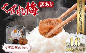 訳あり 紀州南高梅 くずれ梅 うす塩味 1.6kg 農林水産大臣賞受賞《30日以内に出荷予定(土日祝除く)》ウェブセラータクティクス 和歌山県 日高川町 梅干し 塩分 8％ 漬け物 ごはんのお供 白ごはん 訳あり梅干し うめぼし---wshg_wst25_30d_25_14000_1600g---