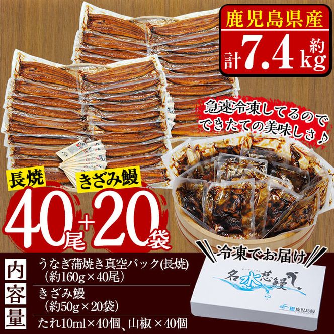 鹿児島県産うなぎ蒲焼 名水慈鰻 40尾(1尾約160g)+きざみ鰻20袋(1袋約50g)＜合計約7.4kg＞ wb82-001