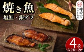 レンジで温めるだけ! 老舗「魚屋さんの焼き魚」塩鮭・銀ダラ 各2枚×2袋 (H032105)