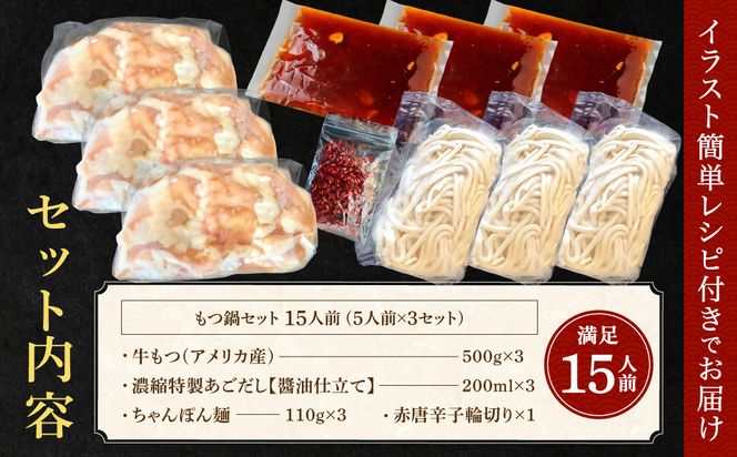 魚住商店あごだし【醤油仕立て】もつ鍋セット満足15人前(5×3セット)、もつ1.5kg【FLOWER】_HA1492