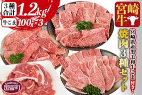 ＜宮崎牛 焼肉3種セット（ウデ・モモ・バラ）合計1.2kg ＋ 宮崎県産黒毛和牛こま切れ 合計300g＞1か月以内に順次出荷【a0380_my_x3】