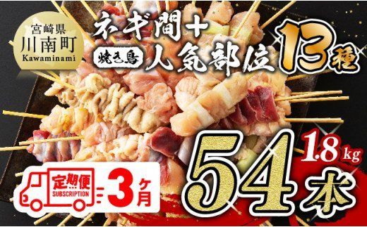 【３ヶ月定期便】 焼き鳥人気部位串＆ネギ間串セット 計５４本 [D07802t3]