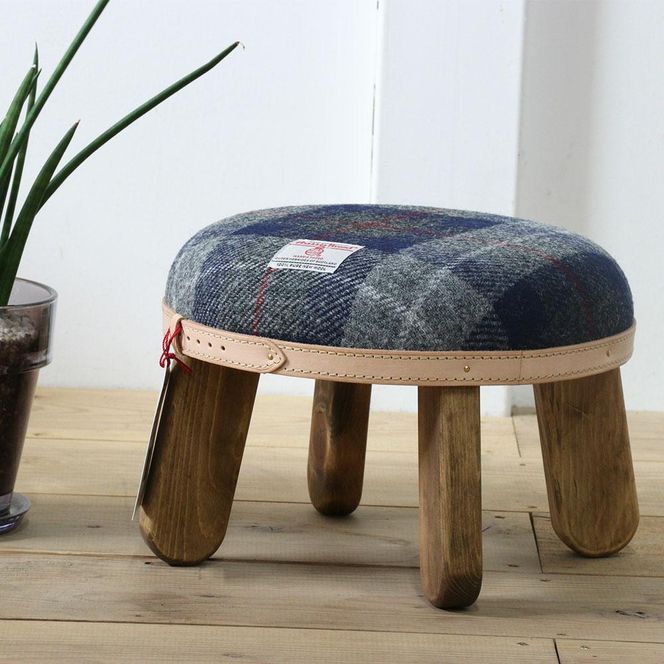 まぁるいスツール【ネイビー&グレーチェック×ブラウン】 子供 椅子イスキッズ HARRIS TWEED（ハリスツイード） 家具   Z089
