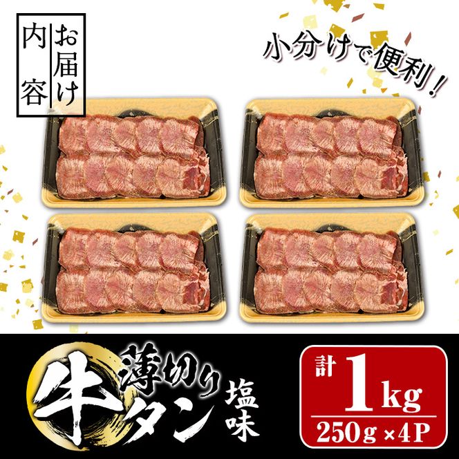 薄切り 塩味 牛タン (計1kg・約250g×4P) 小分け 牛肉 肉 タン 牛たん 味付け 焼肉 塩 BBQ 冷凍 大分県 佐伯市【DH266】【(株)ネクサ】