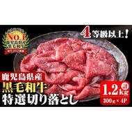 4等級以上 鹿児島県産 黒毛和牛特選切り落とし 計1,200g (300g×4P) b0-163-D