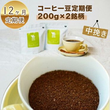 158-1030-030　【定期便】12か月 コーヒー豆定期便200g×2銘柄 12ヶ月定期便（中挽き）