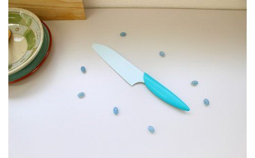 H7-81 カラフルビーンズ 三徳包丁 水色 フッ素コーティング